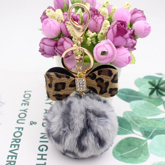 Accessories - Fluffy Leopard Pom Pom Crystal Bow Gold Keychain